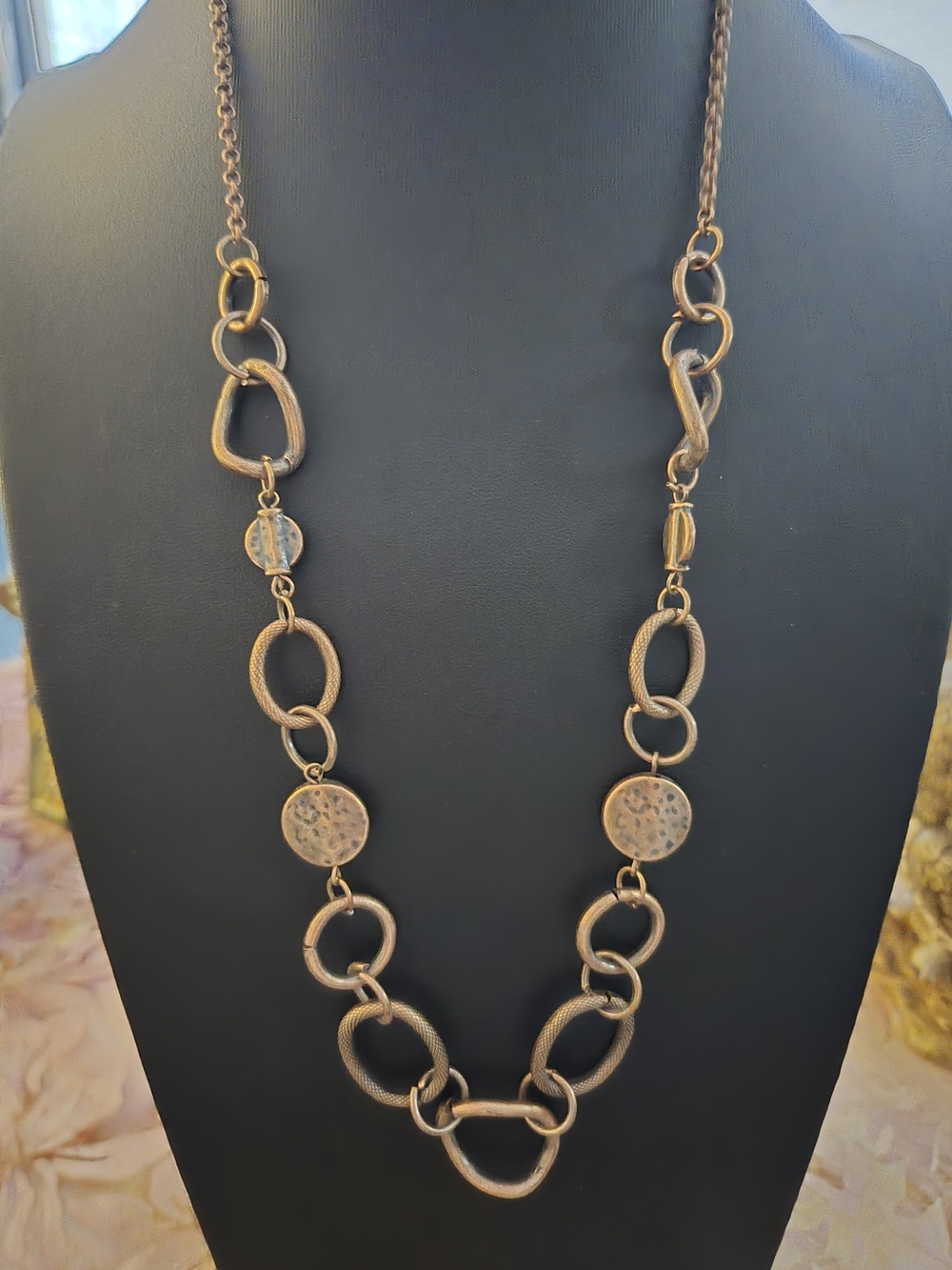 Women’s Long Copper Link Necklace - Elegant Textured Circles